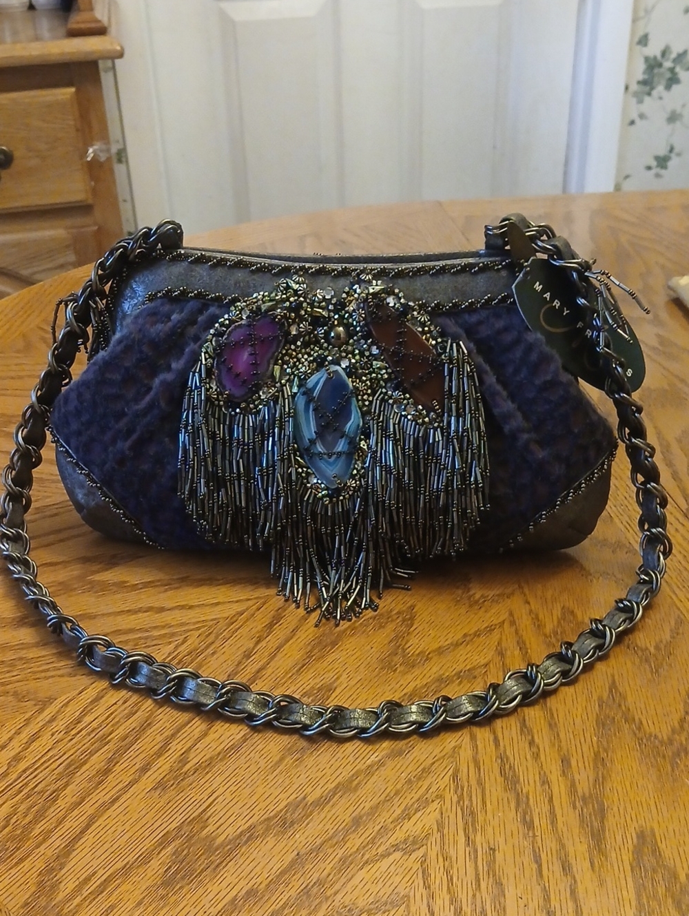 Mary Frances Gray Shoulder Bag with Gunmetal Bead Fringe